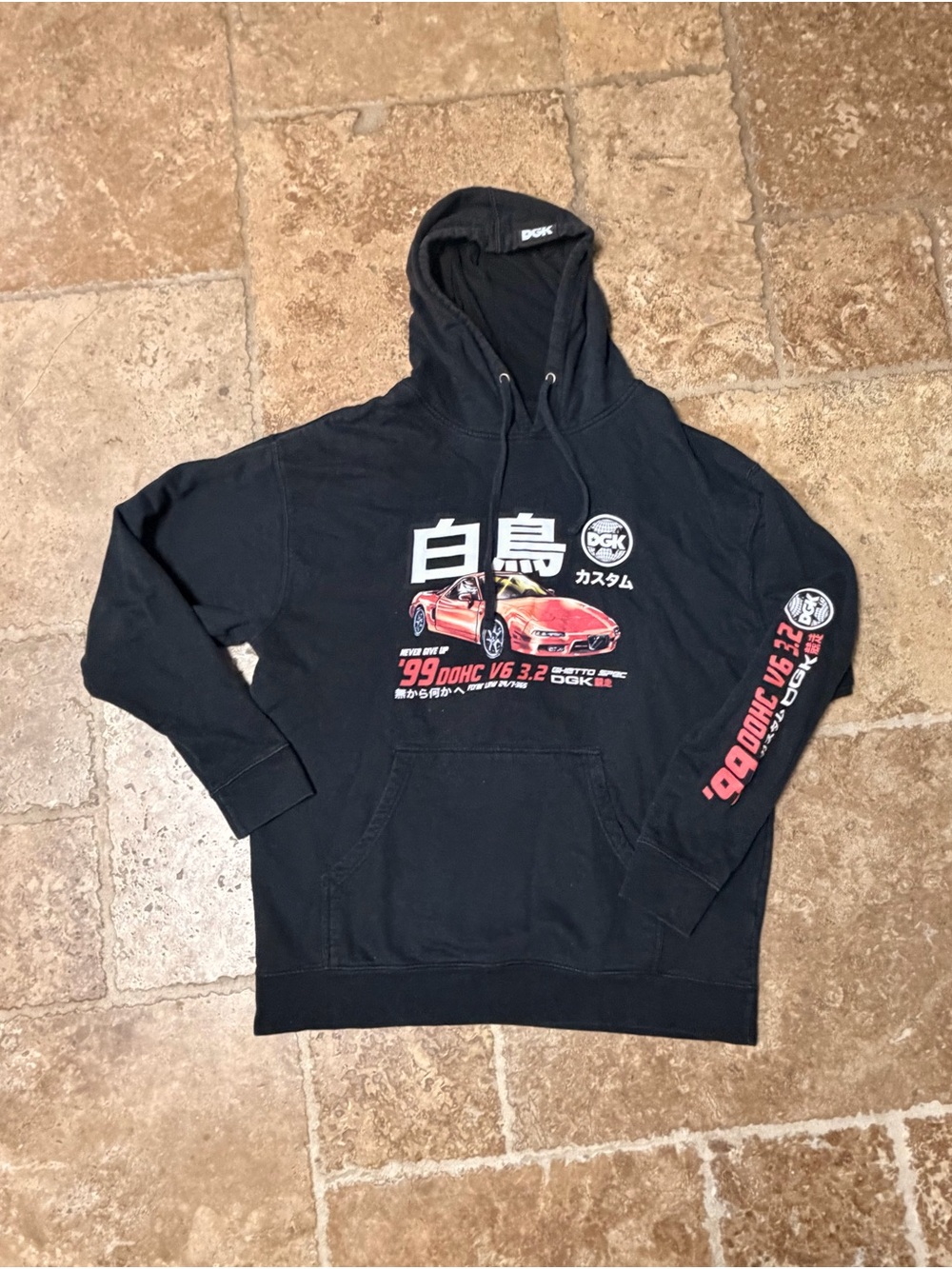 DGK Men’s Size XL Black Hoodie with Red Car Graphic Pouch Pocket Sweatshirt